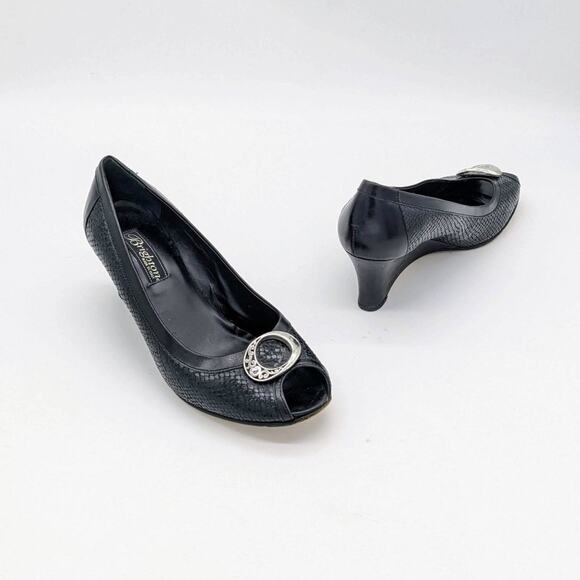 Brighton Black Leather Open Toe Wedges Silver Buckle Detail Size 8 - Picture 1 of 11